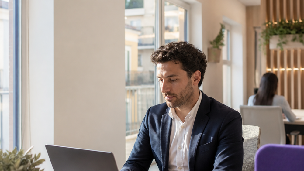 Professionista al lavoro in uno spazio coworking moderno e luminoso a Salerno.
