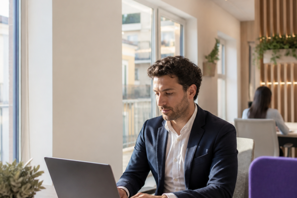 Professionista al lavoro in uno spazio coworking moderno e luminoso a Salerno.