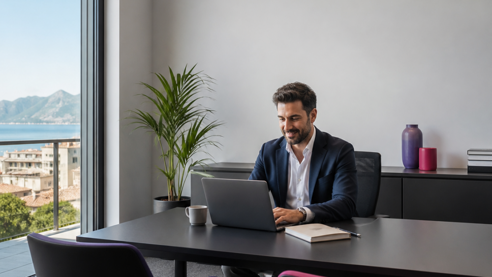 Ufficio privato Day Pass con scrivania e sedute per ospiti.