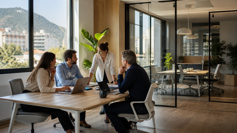Coworking per aziende a Salerno con team riunito in uno spazio di lavoro moderno