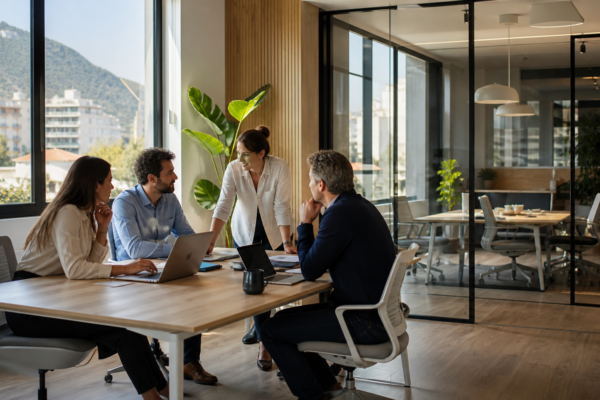 Coworking per aziende a Salerno con team riunito in uno spazio di lavoro moderno