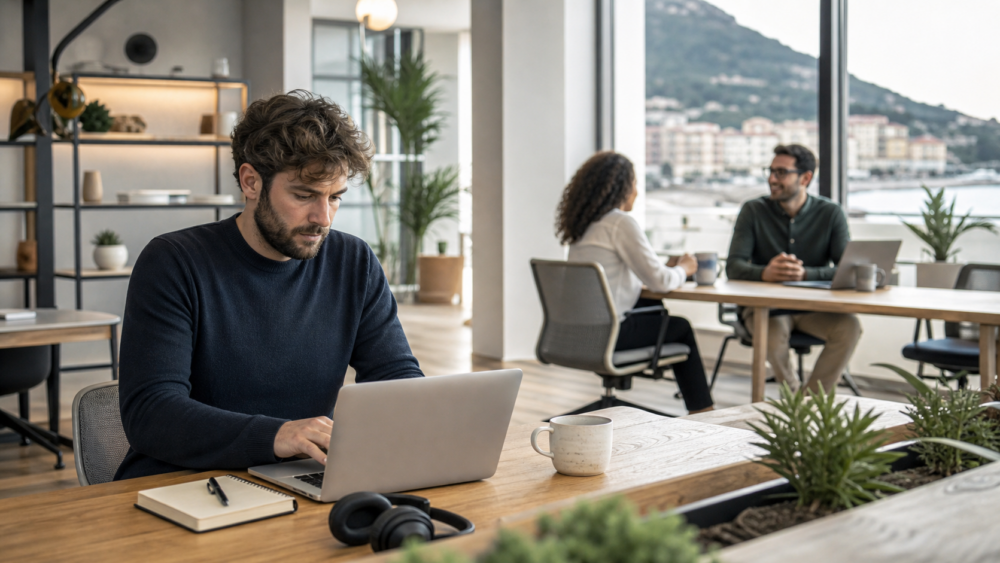 Coworking per freelance a Salerno con professionista al lavoro in postazione condivisa