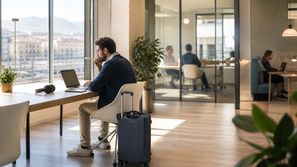 Coworking vicino alla stazione di Salerno con professionista in trasferta e trolley