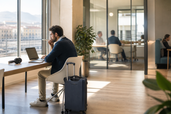 Coworking vicino alla stazione di Salerno con professionista in trasferta e trolley