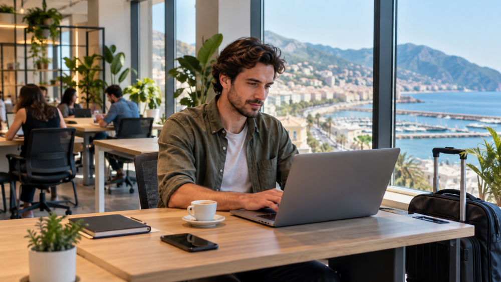 Coworking per nomadi digitali a Salerno con professionista al lavoro durante un viaggio