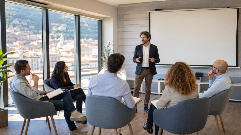 Sala formazione a Salerno con docente e professionisti durante un corso aziendale