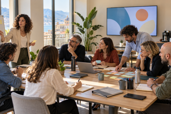 Workshop a Salerno con un gruppo al lavoro in una sala attrezzata